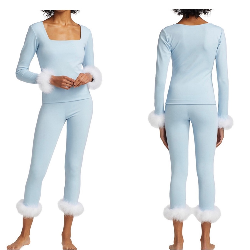 Light Blue Faux-Fur Trim Sleep Set - Women Intimates & Sleepwear